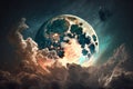 a full moon in the sky with clouds and stars in the sky and a bright blue and yellow light shining through the clouds, with a Royalty Free Stock Photo