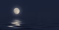 Full moon in the sky on a dark blue background reflection in the sea ocean water. 3D illustration 3D render Royalty Free Stock Photo