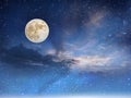 Full moon on starry night at sunset sea , blue  pink cloudy sky sunset light horizon boat skyline nature landscape Royalty Free Stock Photo