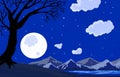 Full Moon And Starry Sky With Cloud And Mountains, River, Tree, Night Scene.