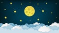 Full moon, stars, and clouds on the dark midnight sky background. Night sky scenery background. Paper art style. Royalty Free Stock Photo