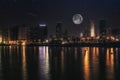 Full moon and stars in the night over Tel Aviv City, Israel