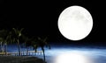 Full moon with stars in the sky. moonlight reflected on the water`s surface or Sea and  Ocean. Fireflies on the grass, there are Royalty Free Stock Photo