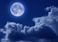A full moon in a tragic night sky with clouds. A Halloween scene with a copy of the space.