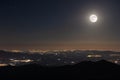 The full moon and a view of Cartagena at night from above.