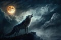 full moon, with werewolf howling at the sky in the middle of a storm Royalty Free Stock Photo