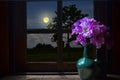 Full moon in the window with violet flower vase Royalty Free Stock Photo