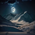 Full Moon: A winter view of snow-capped mountains, white rocks and frozen water illuminated by soft moonlight Royalty Free Stock Photo