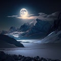 Full Moon: A winter view of snow-capped mountains, white rocks and frozen water illuminated by soft moonlight Royalty Free Stock Photo