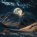 Full Moon: A winter view of snow-capped mountains, white rocks and frozen water illuminated by soft moonlight Royalty Free Stock Photo