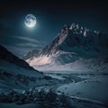 Full Moon: A winter view of snow-capped mountains, white rocks and frozen water illuminated by soft moonlight Royalty Free Stock Photo