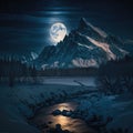 Full Moon: A winter view of snow-capped mountains, white rocks and frozen water illuminated by soft moonlight Royalty Free Stock Photo