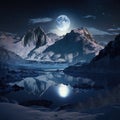 Full Moon: A winter view of snow-capped mountains, white rocks and frozen water illuminated by soft moonlight Royalty Free Stock Photo