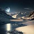 Full Moon: A winter view of snow-capped mountains, white rocks and frozen water illuminated by soft moonlight Royalty Free Stock Photo