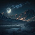 Full Moon: A winter view of snow-capped mountains, white rocks and frozen water illuminated by soft moonlight Royalty Free Stock Photo