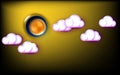 Full Moon yellow, black color background. Abstract 3D illustration in pink clouds, minimal backdrop night sky with empty space, Royalty Free Stock Photo