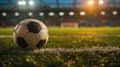 Full night football arena in lights, soccer ball in the stadium, close-up. Football match, football championship, sports. Royalty Free Stock Photo