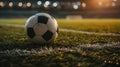 Full night football arena in lights, soccer ball in the stadium, close-up. Football match, football championship, sports. Royalty Free Stock Photo