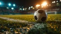 Full night football arena in lights, soccer ball in the stadium, close-up. Football match, football championship, sports. Royalty Free Stock Photo