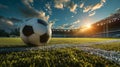 Full night football arena in lights, soccer ball in the stadium, close-up. Football match, football championship, sports. Royalty Free Stock Photo