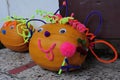 Full not carved pumpkins decorated as smiling faces with fluffy colorful strings and glued eyes