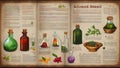 Full page instructions to craft potions, alchemical infographic, captions, directions, ingredients, drawing