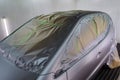 Full painting of a silver car in the back of a hatchback, some p