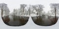 Full 360 panorama in spherical equirectangular projection. Skybox for VR content. Trees in the frost on the bridge by the river Royalty Free Stock Photo