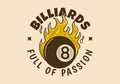 Full of passion for billiards. Vintage illustration of eight ball with fire flame