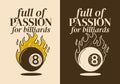 Full of passion for billiards. Vintage illustration of eight ball with fire flame