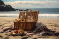 Full Picnic basket beach. Generate Ai Royalty Free Stock Photo