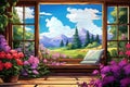 full picture window revealing a log cabins lush garden view, magazine style illustration