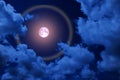full pink moon halo, moon and colorful ray back night cloud