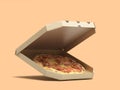 full Pizza in half open box perspective view 3d render on color background