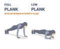 Full Plank and Elbow Plank Muslim Woman in Sporty Hijab Abs Home Workout Exercises Concept.