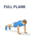 Full Plank Male Home Workout Exercise Guidance Illustration. Sporty Man Working at Home on His Abs.