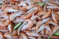 Full plate of cooked prawns, with plump and fresh pink-orange shells, garnished with fresh cucumbers Royalty Free Stock Photo