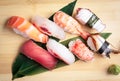 Full plate of nigiri sushi in a japanese restaurant Royalty Free Stock Photo