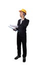 Full portrait of Asian engineer man standing isolated on white background with clipping path. engineer with yellow safety helmet