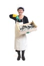 Ull portait of a fishmonger with a box of sardines Royalty Free Stock Photo