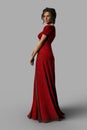 Full length portrait render of a beautiful dark haired woman wearing a red Regency style dress Royalty Free Stock Photo