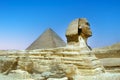 full profile of the Great Sphinx with the pyramid in the background in Giza Royalty Free Stock Photo