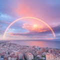 Full Rainbow over Coastal City at Sunset Royalty Free Stock Photo