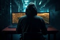 Full rear view of an anonymous hooded hacker coding in darkness
