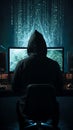 Full rear view of an anonymous hooded hacker coding in darkness