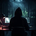 Full rear view of an anonymous hooded hacker coding in darkness