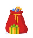 Full red bag of gifts from Santa Claus. Christmas decorative element. Flat vector illustration