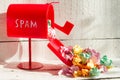 Full red mailbox of spam problem abstract on white background Royalty Free Stock Photo