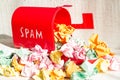 Full red mailbox of spam problem abstract on white background