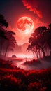 Full Red Moon Over a Forest and Field Landscape in a Night Setting Royalty Free Stock Photo